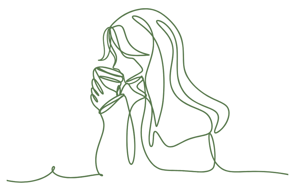 お茶を口に運ぶ女性のラインイラスト